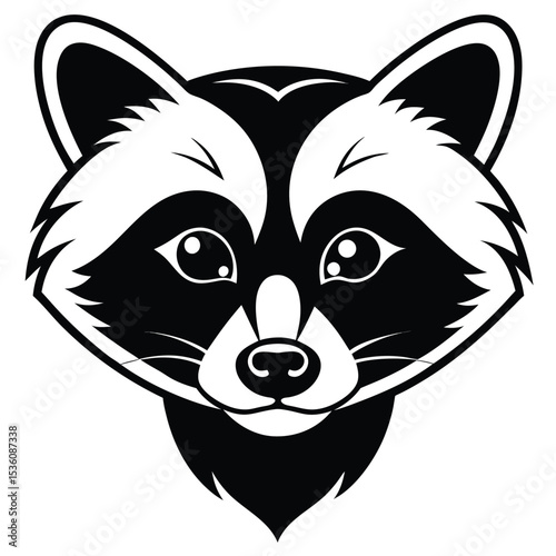 A minimalist raccoon head appears with cute eyes and a small snout in black and white