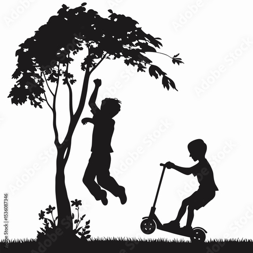 Silhouette of Boys Playing Outdoors One Jumping, One Scootering