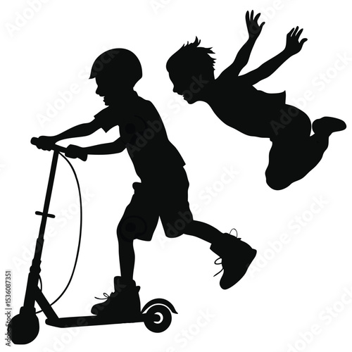 Silhouette of Boy on Kick Scooter and Jumping Boy Vector Illustration