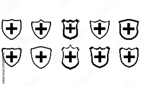 A collection of ten minimalist shield icons featuring cross symbols, rendered in black and white line art. Suitable for representing health, defense, protection, or medical features in games, apps