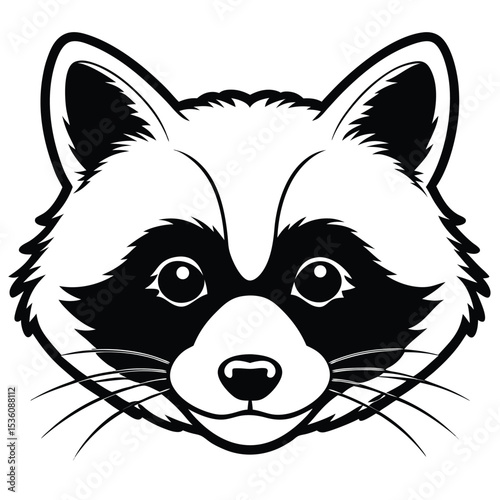 A stylized raccoon face looks forward with simple black and white color palette
