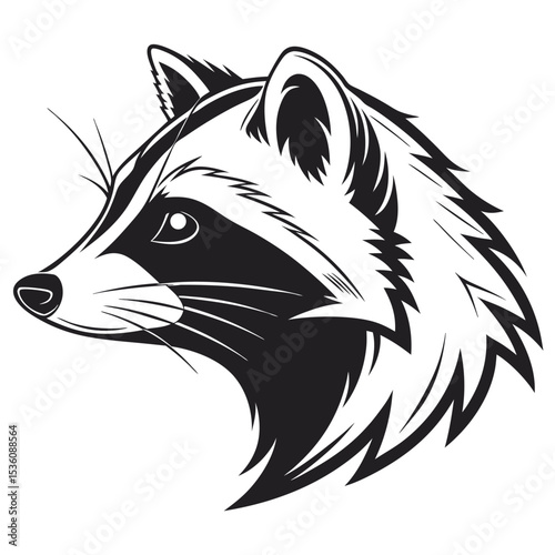 A striking black and white raccoon head faces left with detailed fur texture
