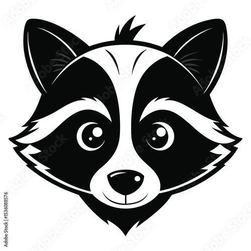 Stylized black and white raccoon face shows its distinct markings and simple, cute features