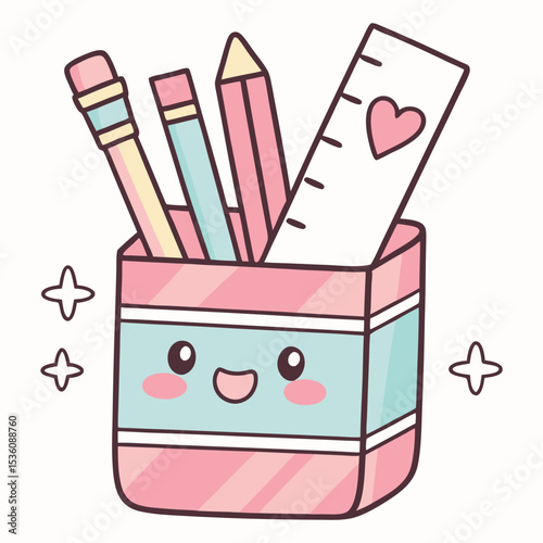 Adorable Kawaii Desk Organizer Cute Stationery Supplies Illustration