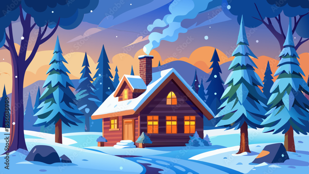Fototapeta premium Cozy Snowy Cabin Vector with Pine Trees & Chimney Smoke