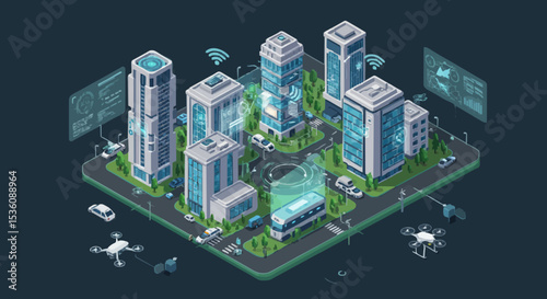 Isometric smart city with buildings and vehicles