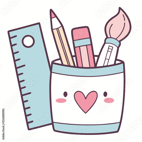 Adorable Kawaii Stationery Set Pencil, Eraser, Ruler, Paintbrush in Cute Holder