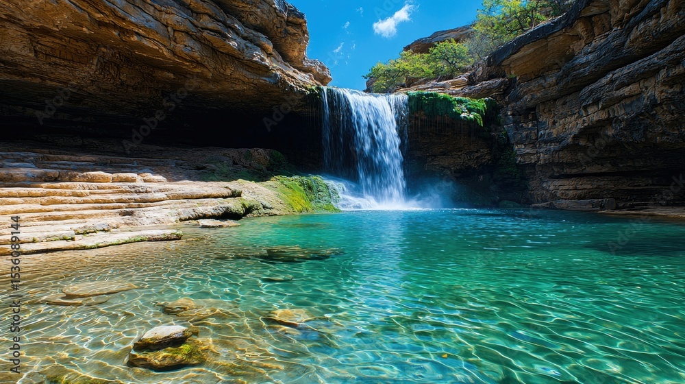 Naklejka premium Serene Waterfall Oasis: Crystal-Clear Pool and Majestic Cascade in a Rocky Canyon