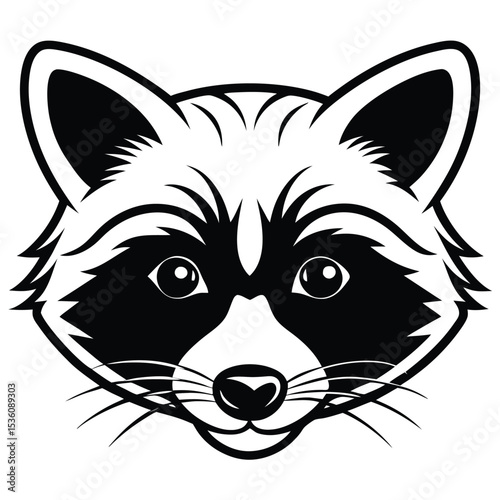 Striking raccoon face features iconic bandit mask in clean, bold black and white lines