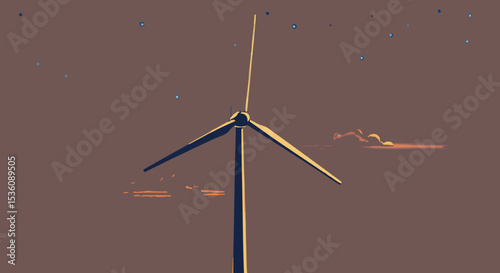 Wind turbine with sunset clouds and sky