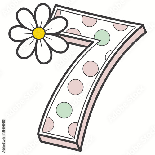 Adorable Number Seven with Daisy Cute Polka Dot Design Illustration