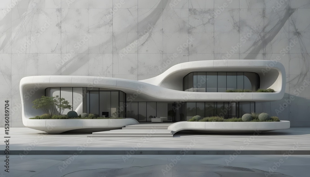 Obraz premium Futuristic architecture: A modern concrete house with curved lines and glass facade.