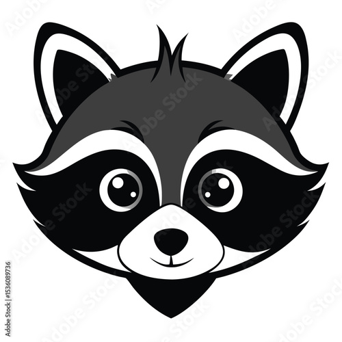 Cartoon raccoon face gazes with big cute eyes, showcasing its black and grey fur