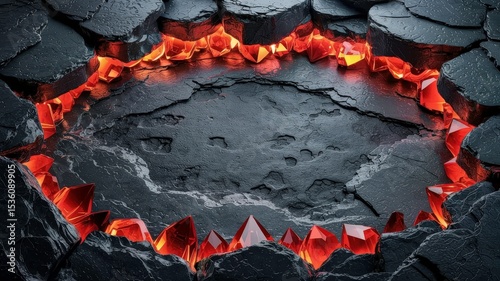 Red Crystals on Black Rock Surface with Dramatic Lighting