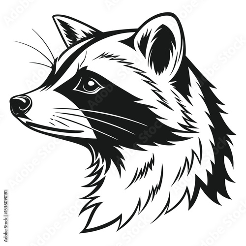 Detailed monochrome raccoon head shows intricate fur patterns and striking eyes as it gazes forward