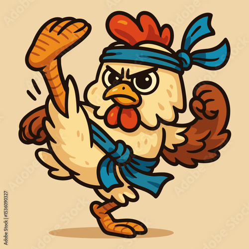 A fierce cartoon chicken performs a high spinning kick with kung fu precision, wearing a blue sash and headband in a funky style.