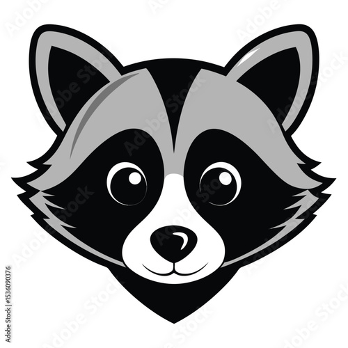 Cartoon raccoon face features symmetrical markings with a black and grey mask