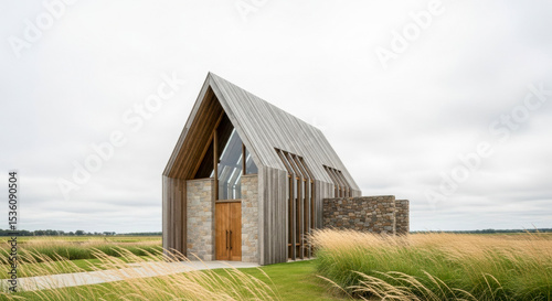 A modern rural chapel with a tall, pointed roof, clad in wood and stone, stands amidst tall grasses under a cloudy sky. A stone path leads to the entrance.