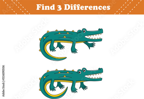 Education game for children find three differences between two crocodile cartoon. Vector illustration