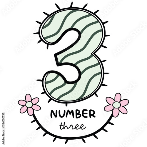 Cute Illustrated Number Three with Floral Design Perfect for Kids' Projects and Crafts
