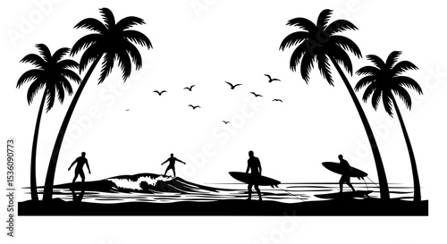 Vector silhouette of surfers on palm beach on white background. Symbol of nature and sport. 