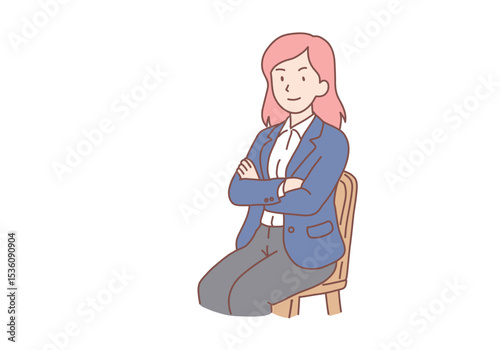 Portrait of young smiling woman working sit on the chair in lobby of office looking at camera. Working in office concept. Hand drawn style vector design illustrations.