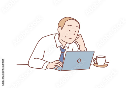 Elderly office worker working on laptop computer in office. Hand drawn style vector design illustrations.