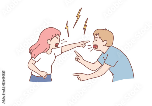 Young aggressive man boyfriend and woman girlfriend parents yelling and quarrelling. Family, couple, quarrel, divorce, aggression, conflict concept. Hand drawn style vector design illustrations.