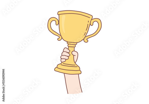  Hands of person holding golden trophy celebrating success. Reaching goals, winner, victory concept. Hand drawn style vector design illustrations.