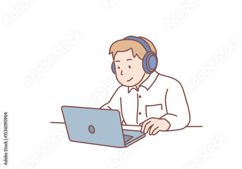 Office worker listening to music, young man working on laptop in headphones, freelancer workplace, employee cabinet, project manager workflow. Hand drawn style vector design illustrations.