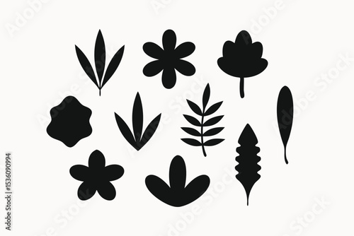Collection of Simple Black Silhouettes of Flowers and Leaves Botanical Illustrations for Design