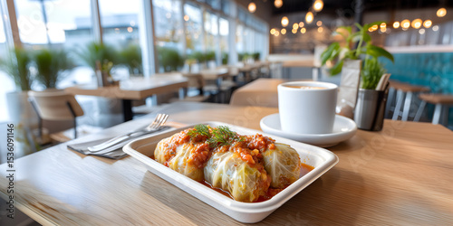Creative food template. Farcellets de col Bolognese stuffed cabbage rolls with mug of tea on wood table, blurred empty bright and sunny cafe restaurant . copy text space