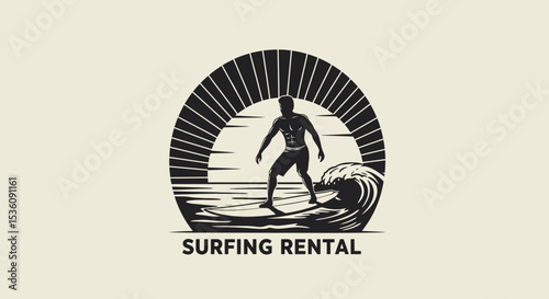 Surfing rental logo. Silhouette man with a board on beach against the sun. Black and white vector composition 
