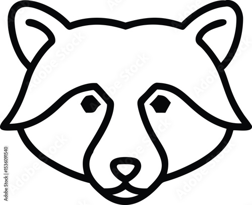 Simple line art shows an isolated symmetrical raccoon head in black and white