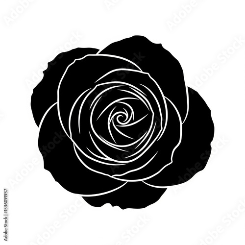 A silhouette of a rose flower, top view, white background.