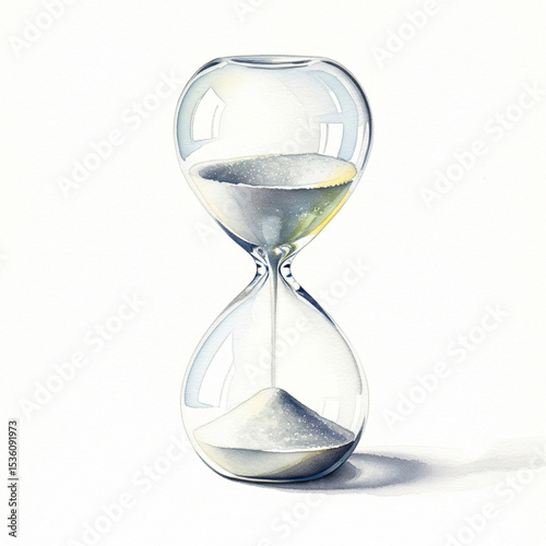 An hourglass with white sand, realistic watercolor painting, white background.