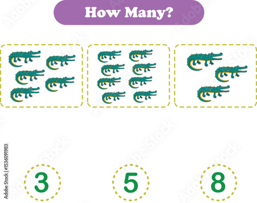 Counting game of wild animals for preschool kids. Counting crocodile. Printable. Vector Illustration
