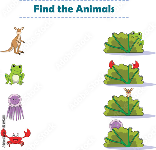 Find Hiding Animals. Child Exercise Sheet with wild animals. Printable worksheet. Cartoon vector illustration