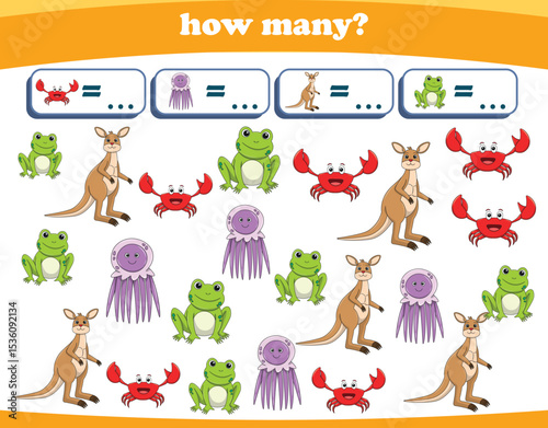 Counting game of wild animals for preschool kids. Printable. Vector Illustration