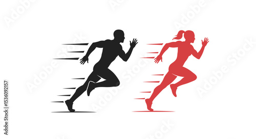 Dynamic running silhouette vector design featuring two sprinting figures in motion