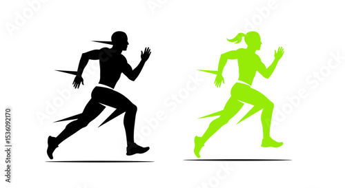 Dynamic running silhouette vector design featuring two sprinting figures in motion