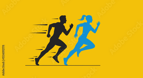 Dynamic running silhouette vector design featuring two sprinting figures in motion