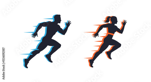 Dynamic running silhouette vector design featuring two sprinting figures in motion