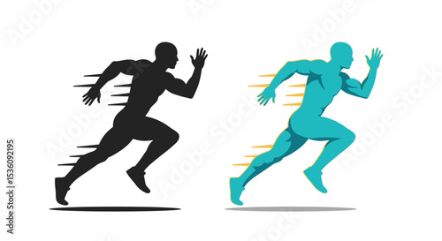 Dynamic running silhouette vector design featuring two sprinting figures in motion