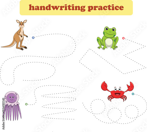Handwriting Practice. Tracing lines for kids with animals. Vector Illustration