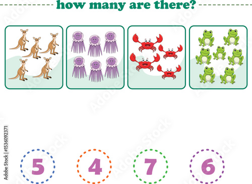 Counting game of wild animals for preschool kids. Printable. Vector Illustration