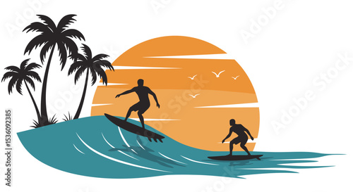 Vector silhouette of surfers on palm beach on white background. Symbol of nature and sport. 