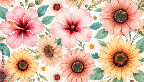 Wallpaper Mural Vibrant Floral Pattern: Hibiscus, Sunflowers & Daisies - Botanical Design Torontodigital.ca