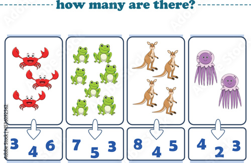 Counting game of wild animals for preschool kids. Printable. Vector Illustration