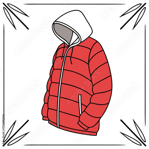 Warm Red Hooded Puffer Jacket Winter Fashion Illustration